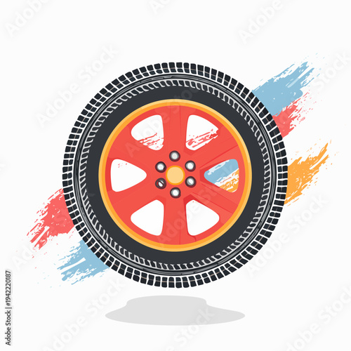 Rueda de coche con llanta roja deportiva y trazos de pintura abstractos sobre fondo blanco.