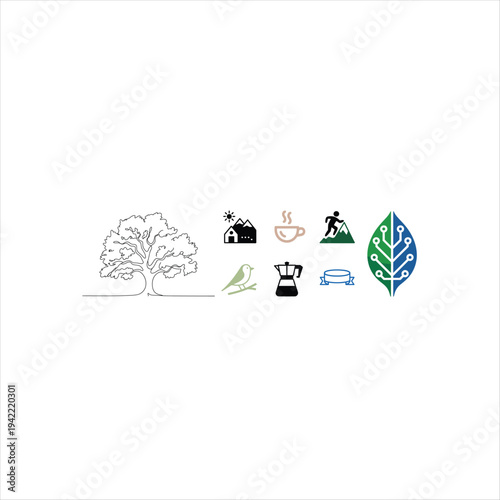 Colorful of tree bird house coffee cup hiker car and leaf