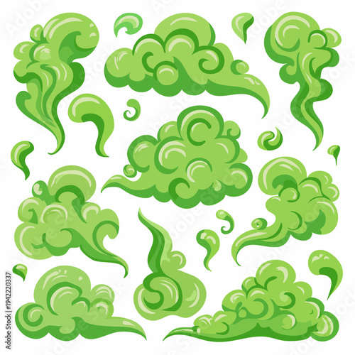 Conjunto de ilustraciones de humo verde tóxico, vapor y nubes de olor aisladas sobre fondo blanco.