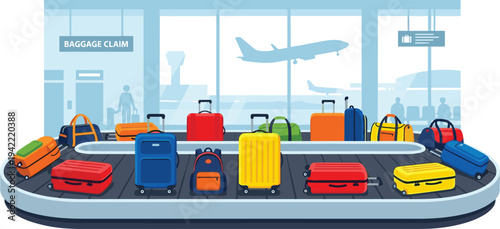 Colorful luggage and bags on airport baggage claim conveyor belt awaiting collection