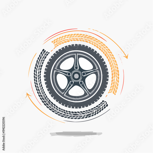 Rueda de coche con huellas de neumáticos en movimiento circular y fondo transparente, concepto de servicio.