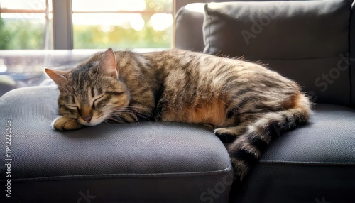 Cozy Tabby Cat Napping Peacefully on a Gray Sofa.