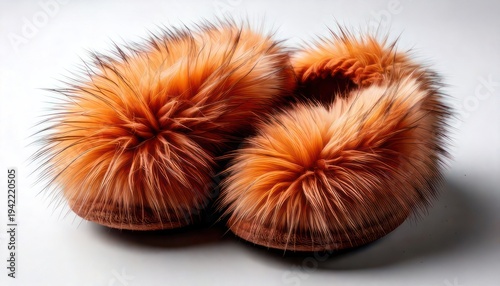Cozy orange fur slippers on a white surface, soft and warm.