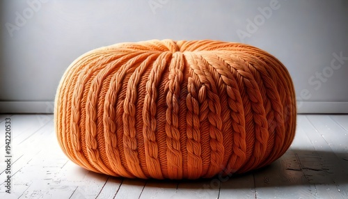 Cozy Orange Knitted Pouf on White Wood Floor Against Gray Wall.