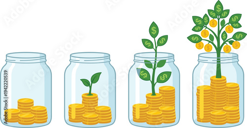 Investment growth illustration showing money jars with plants growing in stages from coins to fruitful tree