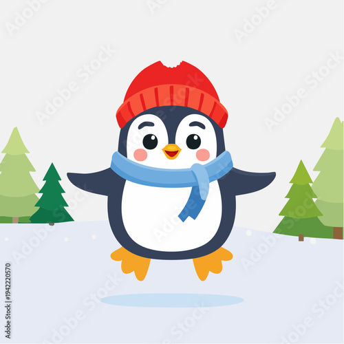 Adorable pingüino de dibujos animados saltando con gorro rojo y bufanda azul en invierno.