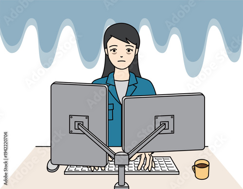 深夜残業や過労で限界を感じる作業着姿の女性