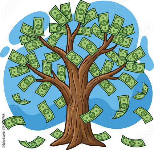 A tree with branches laden with falling currency notes, symbolizing financial abundance and prosperity