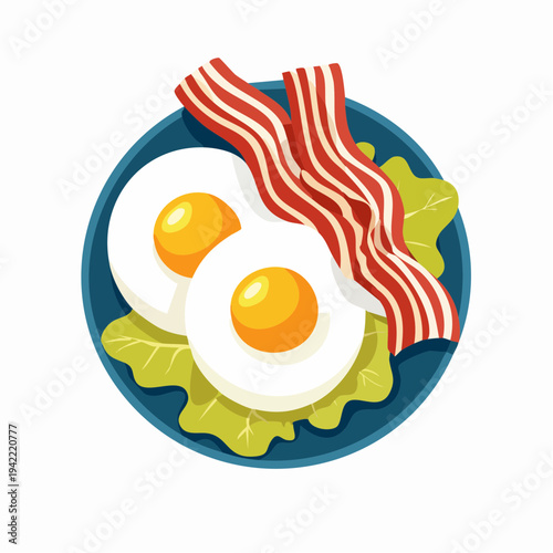 Ilustración vectorial de dos huevos fritos con tiras de tocino y hojas de lechuga sobre plato azul
