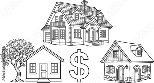Assorted house illustrations with dollar sign and tree in various architectural styles