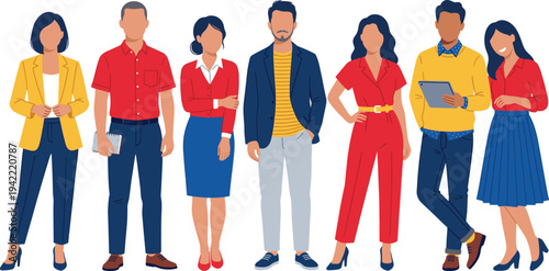Multicultural professional business team standing together in smart casual clothing, diverse corporate group of office colleagues, flat vector illustration