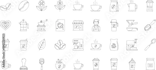 Black and white line of coffee beans, cups, and brewing equipment line coffee beans coffee cup coffee pot