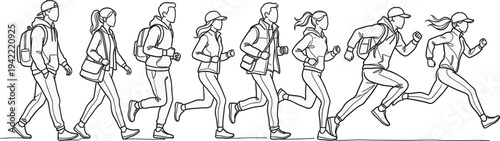 Vector illustration of men and women in a progression of movement from walking and jogging to fast running, side view