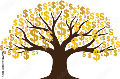 A tree with branches adorned with dollar signs, symbolizing financial growth and prosperity, set against a clean background, viewed from the side.