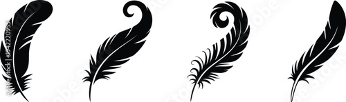 Stylish feather silhouettes collection isolated on white background, decorative bird plume vector illustration set for tattoo design, logo, ornament and vintage art