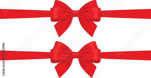 Two red bows with ribbons on a plain background viewed from directly above