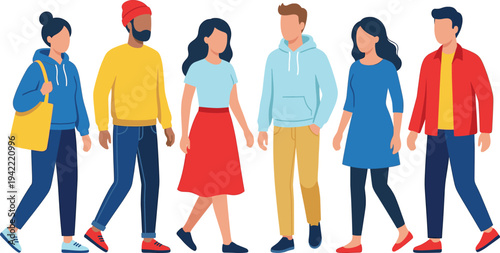 Diverse group of young multiracial people walking together in stylish casual outfits, flat vector illustration on white background