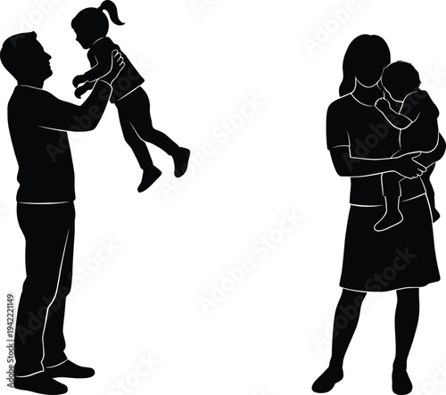 Silhouette of a happy family with father lifting daughter and mother holding son, isolated on a white background