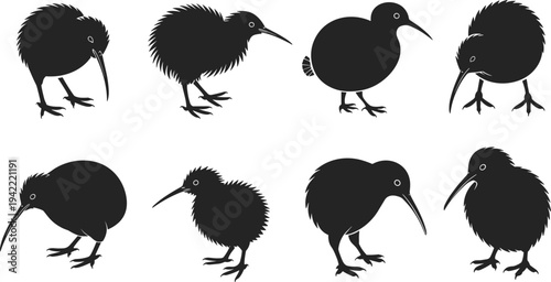 Set of Silhouette Kiwi Bird Icons in Various Poses Isolated on White Background for New Zealand Wildlife and Nature Design Concepts