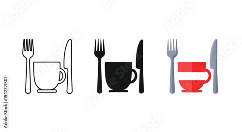 Collection of vector graphic icons illustrating different styles for coffee break or meal service settings