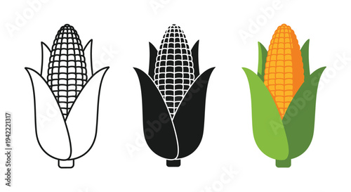 A versatile collection of corn on the cob vector illustrations, showcasing different graphic styles including outline, silhouette, and full color design.