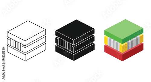Isometric layered structure vector graphic illustration depicting core components in outline, silhouette, and colorful styles for technological designs.