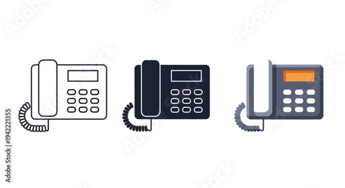 Collection of three distinct vector graphic illustrations representing various styles of desk telephones for business communication needs