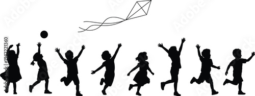 Kids Playing with Ball and Flying Kite Silhouettes Collection, Happy Children Outdoor Activity Set Isolated for Childhood Fun Design