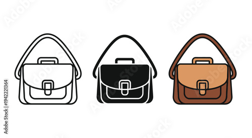 Collection of briefcase and satchel bag vector graphic icons presented in outline solid and color styles