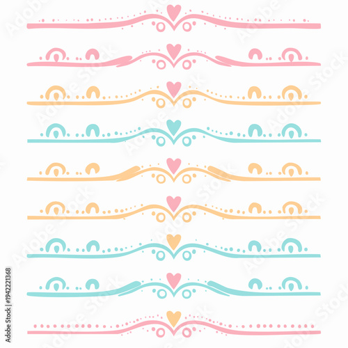 Conjunto de divisores decorativos dibujados a mano con corazones y formas suaves en tonos pastel para diseño.