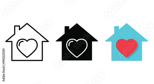 A set of three distinct vector graphic illustrations depicting houses with hearts, symbolizing home, love, and care.