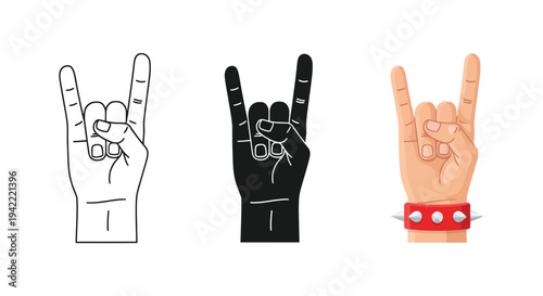 Iconic rock and roll hand gesture vector illustrations set, featuring outline, solid black, and colored design with a cool spiked bracelet.