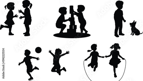 Children Playing and Jumping Silhouettes Collection with Ball Jump Rope Building Blocks and Pet Dog, Happy Kids Activity Set