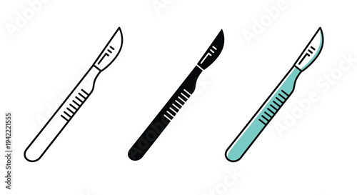 Modern vector illustration depicting a collection of sharp surgical scalpels, presented in diverse iconographic styles for various medical graphic applications.