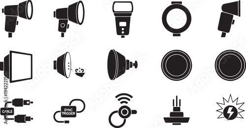 Black and white of various flash equipment and accessories