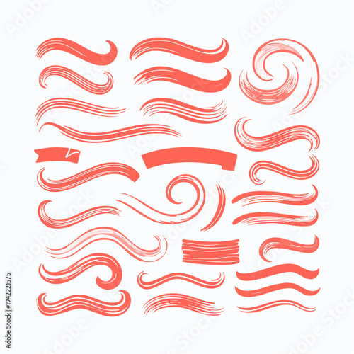 Conjunto de trazos artísticos y pinceladas rojas hechas a mano, ideales para subrayar textos sobre fondo transparente.