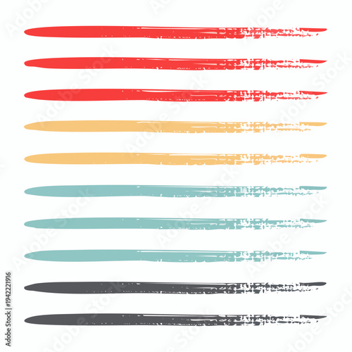 Conjunto de ocho pinceladas horizontales texturizadas en colores rojo, amarillo, azul y gris sobre fondo transparente.