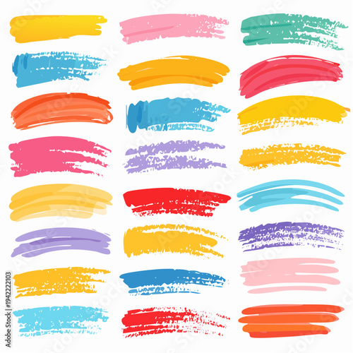 Colección vibrante de pinceladas artísticas y trazos de pintura de colores brillantes con fondo transparente.