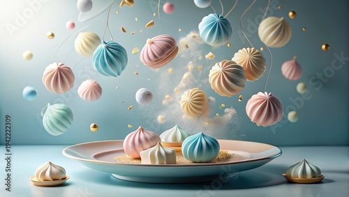 Wallpaper Mural Ethereal Delights Pastel Meringues in Suspended Animation, Gracefully Descending onto a Plate, Adorned with Golden Accents and a Light Dusting of Sugar Torontodigital.ca