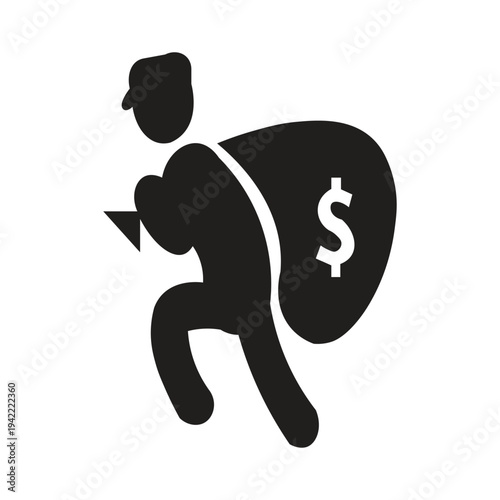 Icon image of someone stealing money silhouette illustration Icons depicting someone stealing money are usually designed in a minimalist, cartoon, or silhouette style to quickly convey the message of 