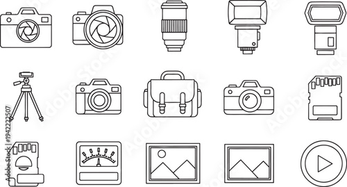 Set of black and white camera and equipment lens flash tripod camera bag