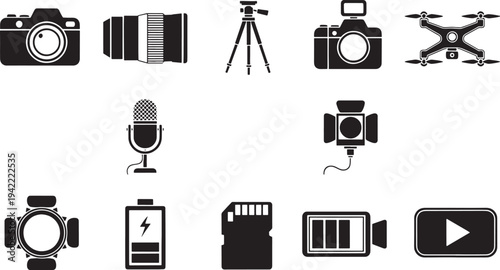 Set of black and white camera and equipment lens tripod drone microphone