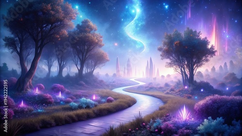 Wallpaper Mural Enchanted Forest Path Leading to a Mystical Skyline Under a Starry Night Torontodigital.ca