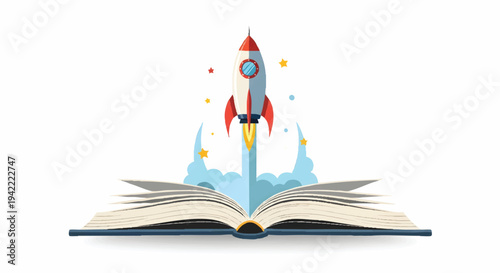 Rocket launching from open book, education and learning concept
