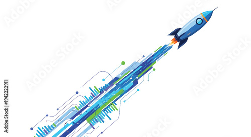 Rocket ship blasting off with colorful trail of light and energy