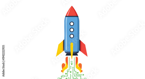 Colorful cartoon rocket ship blasting off into space