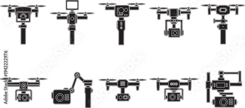Ten black and white drones with cameras and various equipment attached flying in the air