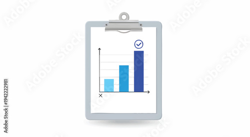Clipboard with blue bar graph and check mark on white
