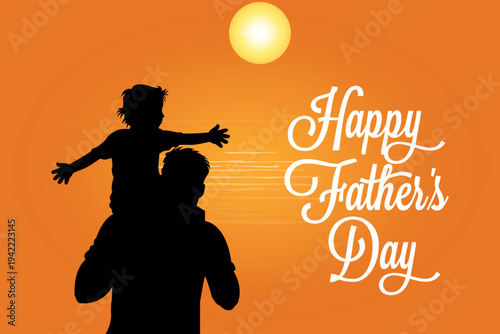 Father’s Day vector silhouette of dad carrying child on shoulders during orange sunset background illustration