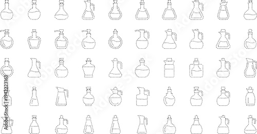 Thirty different types of laboratory flasks and bottles in a dotted line style science chemistry